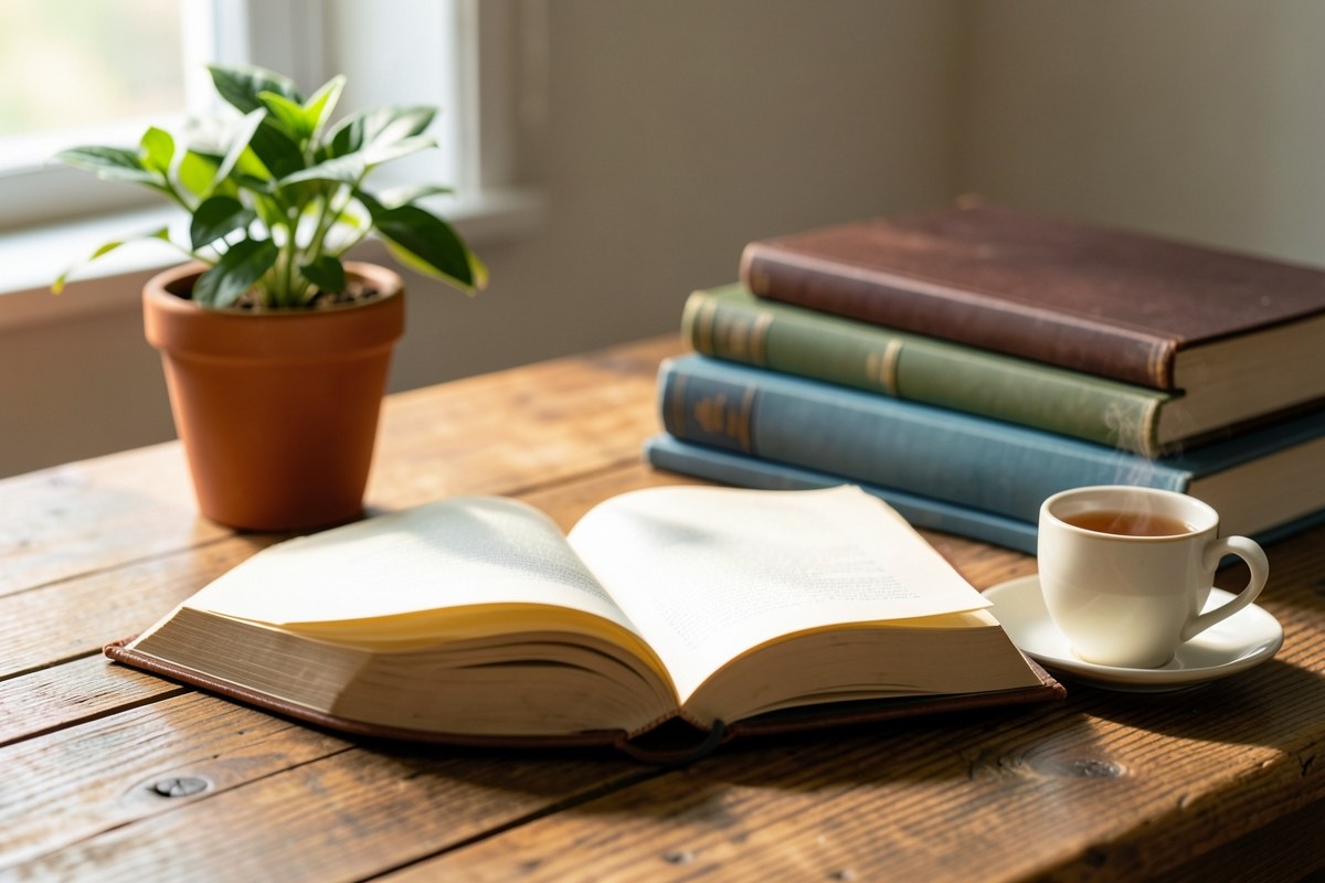 An open book on a wooden desk beside a small stack of books, with soft window light.