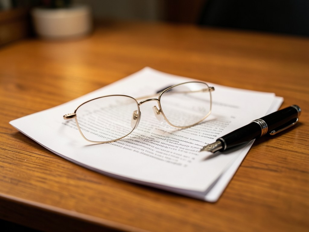 A pair of glasses resting on a printed document with a pen, indicating careful review.