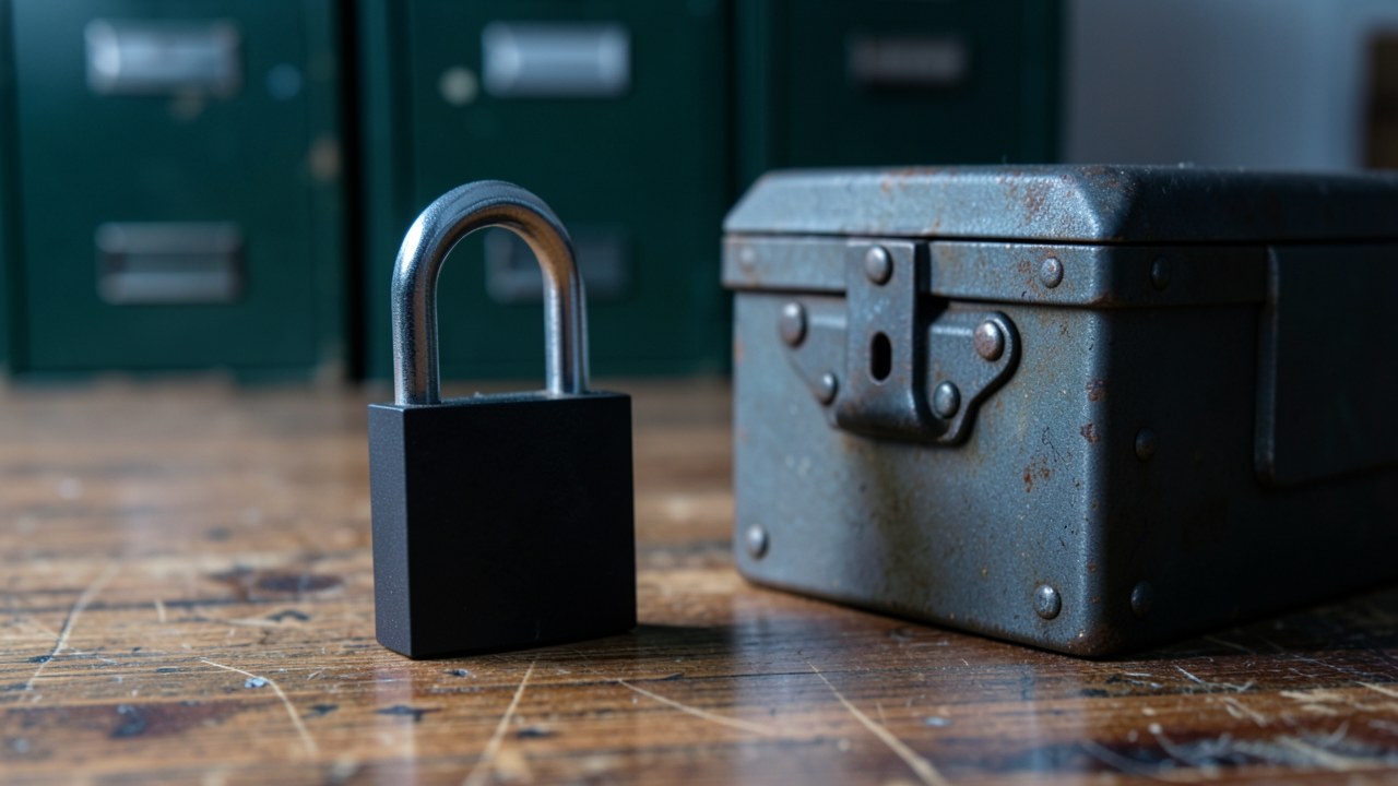 A locked padlock on a wooden surface with a soft-focus background of filing cabinets.