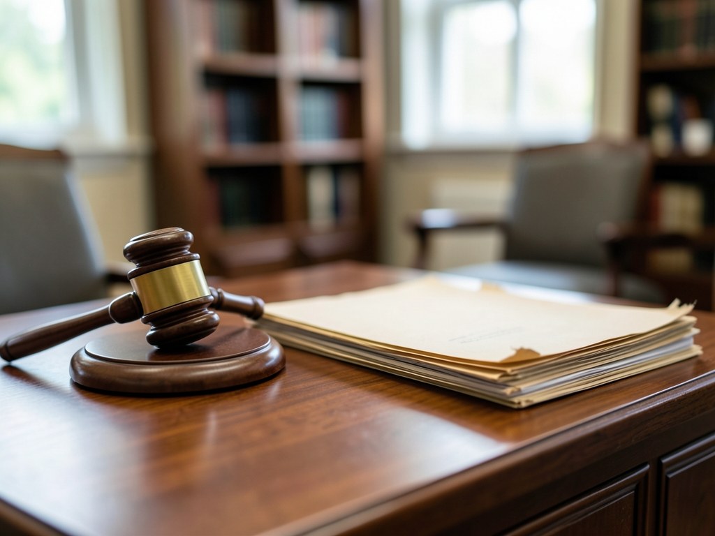 A judge's gavel on a polished wooden desk with a stack of legal folders.