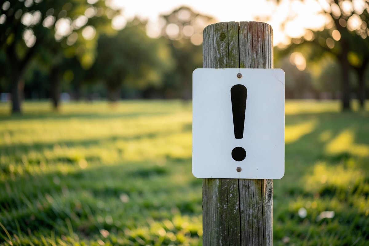 A warning sign with an exclamation mark on a wooden post in a park at sunset.