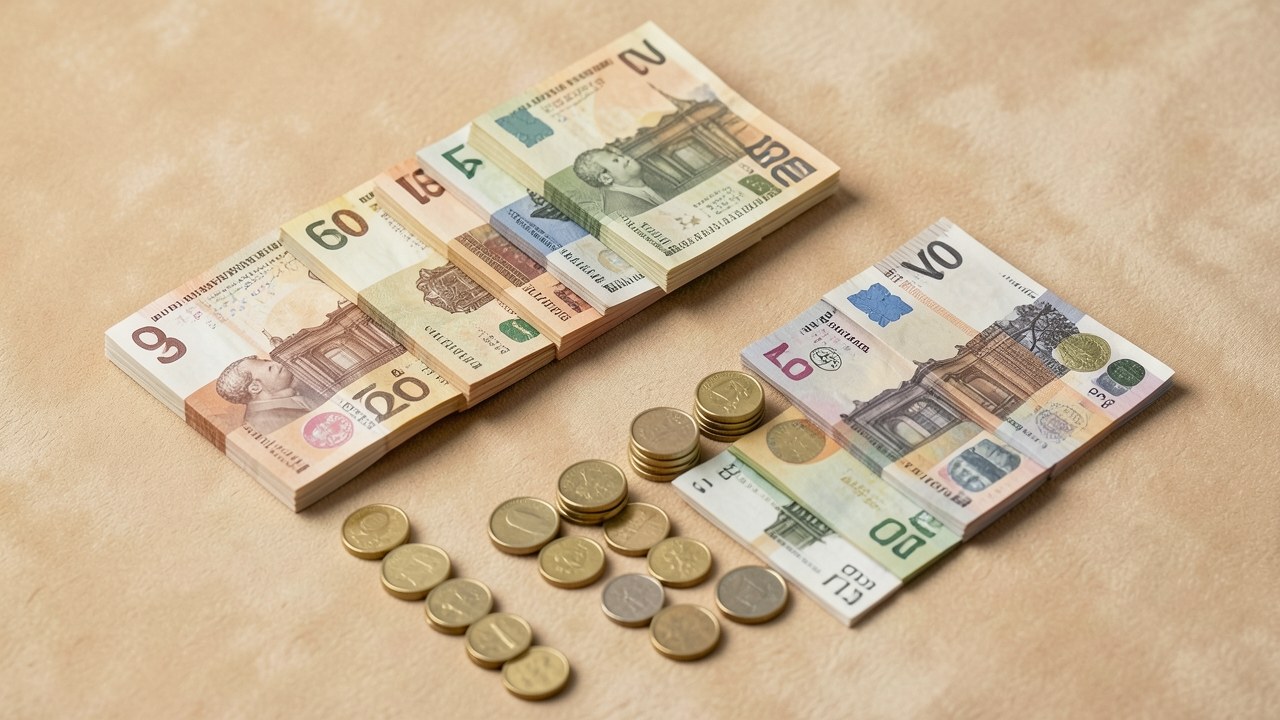 A collection of different banknotes and coins arranged on a flat surface, symbolizing various loan types.