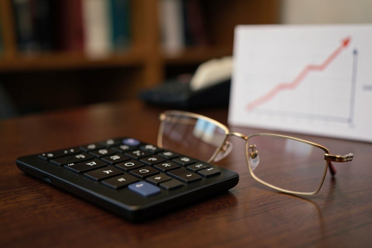 A calculator and a pair of glasses on a desk with a small chart showing an upward trend.