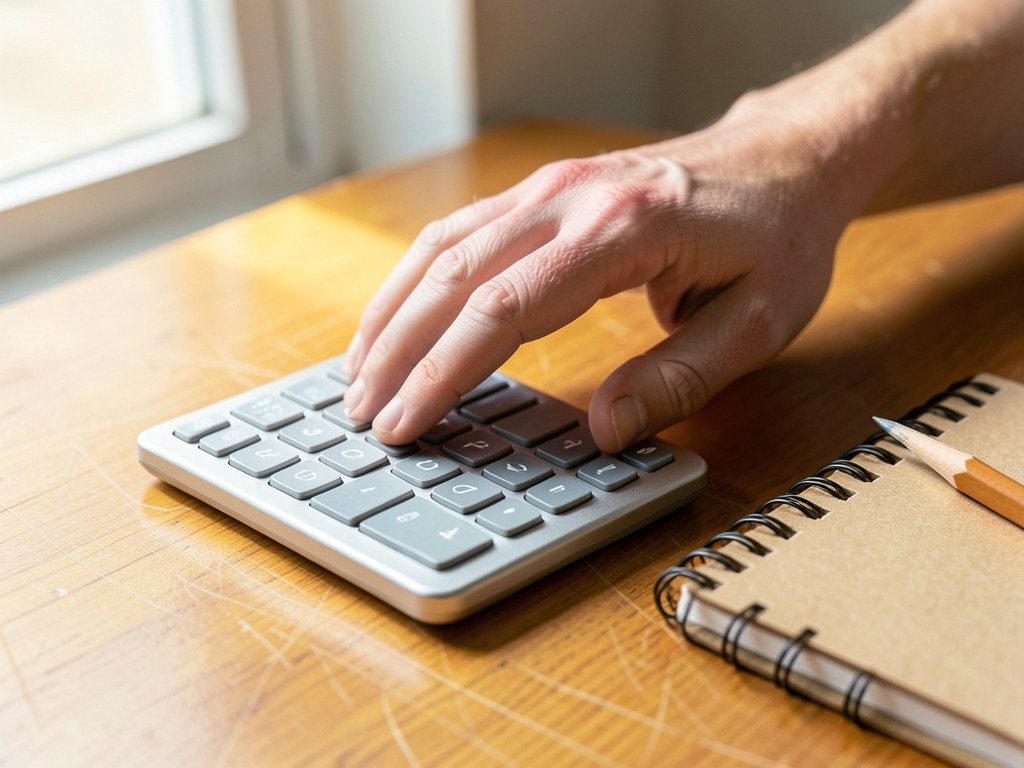 A hand using a calculator on a desk with a notebook and a pencil, computing loan payments.