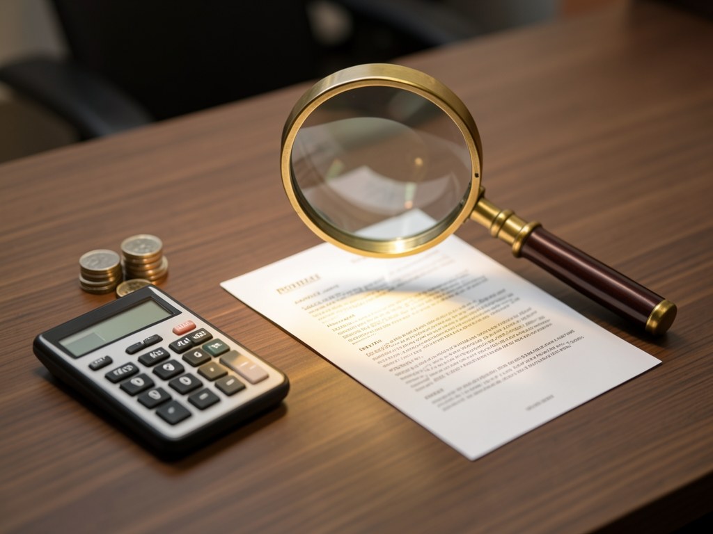 A magnifying glass over a document with coins and a calculator nearby, inspecting fees.