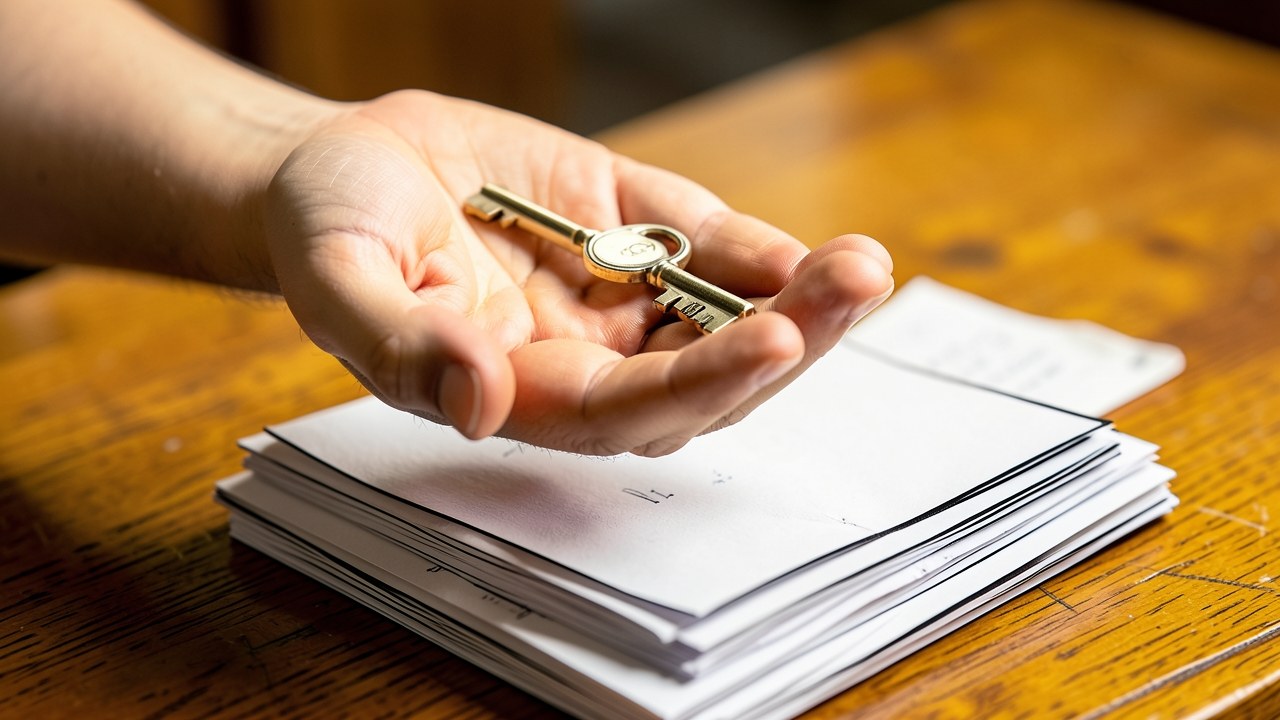A key being handed over a stack of papers, symbolizing debt forgiveness.