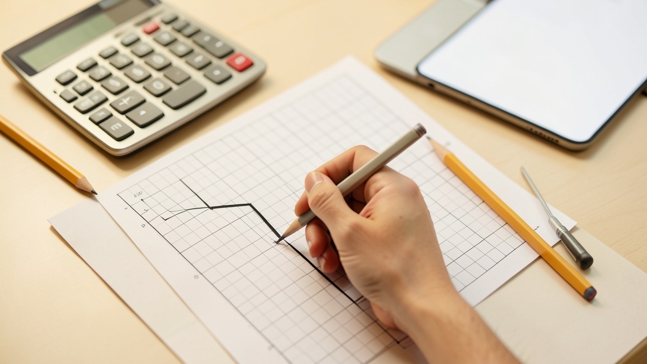 A line graph showing a decreasing balance over time, with a pencil and calculator on a desk.