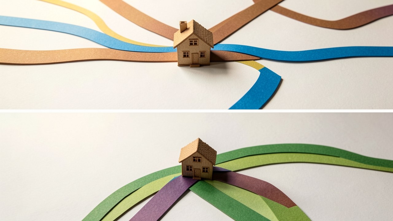 A roadmap with several paths leading to a house, symbolizing different repayment strategies.