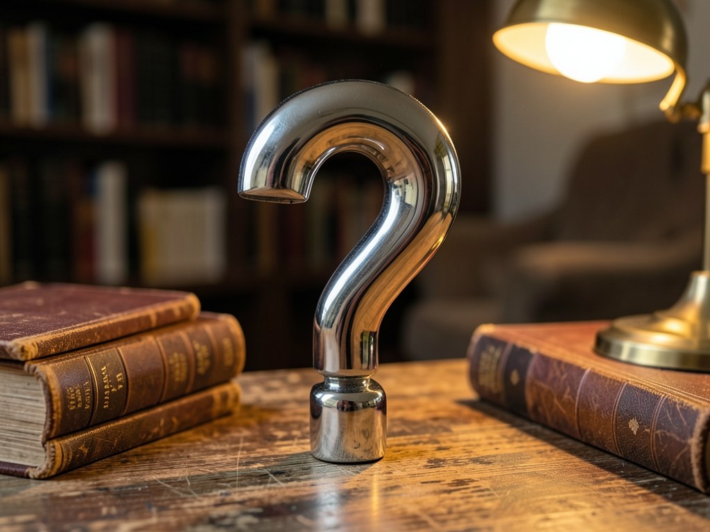 A large question mark sculpture on a desk with a lamp and books.