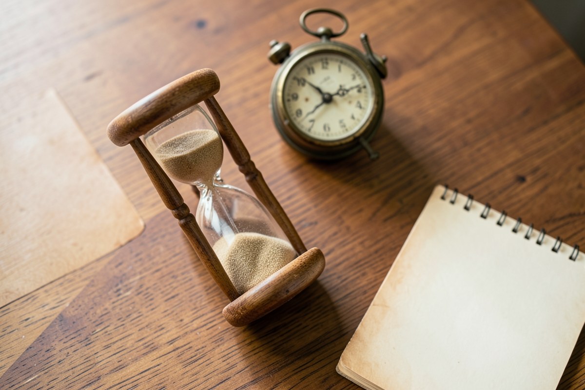 An hourglass beside a calendar and a clock, symbolizing time and loan duration.