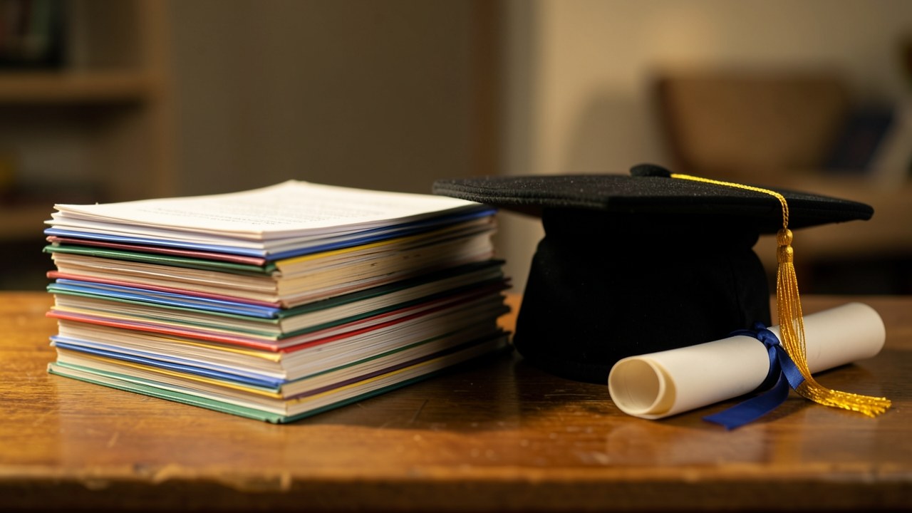 A stack of college application folders with a graduation cap and a diploma, indicating private education loans.
