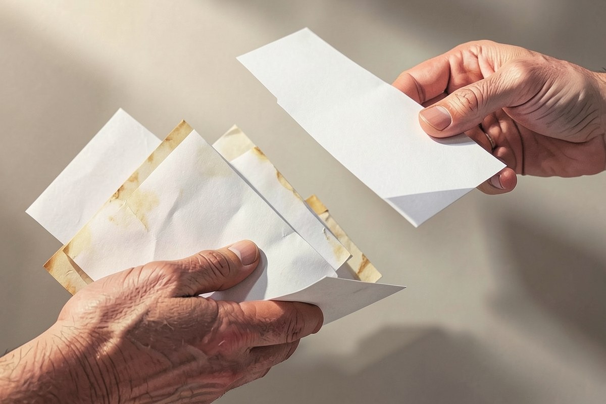 A hand exchanging a stack of papers for a single paper, symbolizing refinancing multiple loans into one.